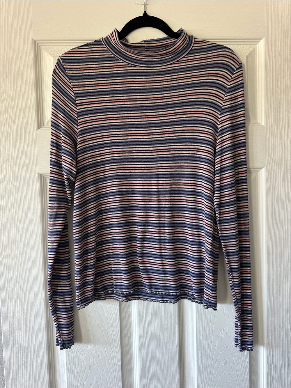 American Eagle Outfitters Striped Mock Neck Long-Sleeve Top - Navy, Pink, White